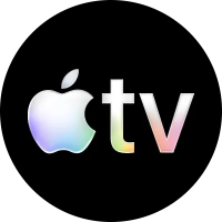 Apple TV logo in silver and rainbow colors against a black background.