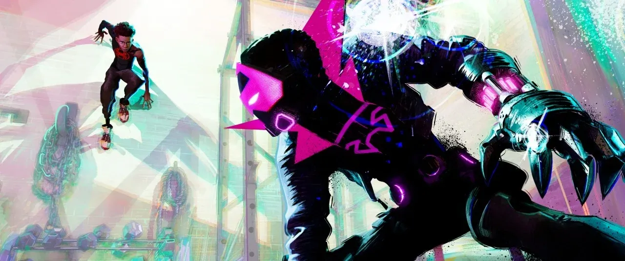 Dynamic scene featuring Miles Morales and a villain with a spiky mask, set in an intense, colorful environment.
