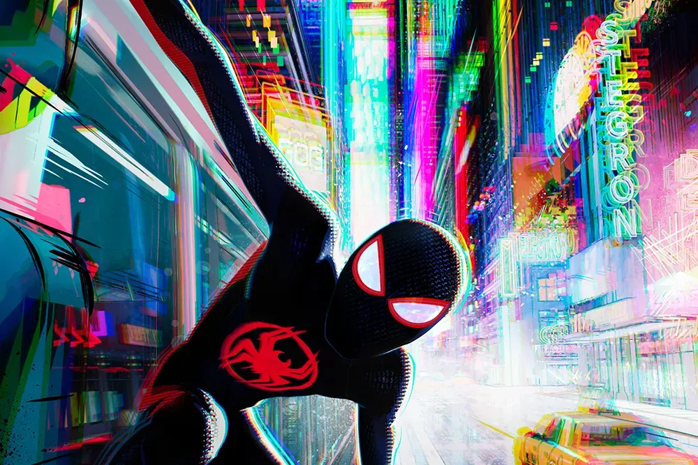 Miles Morales in a black suit leaping through a neon-lit city filled with bright colors and energy.