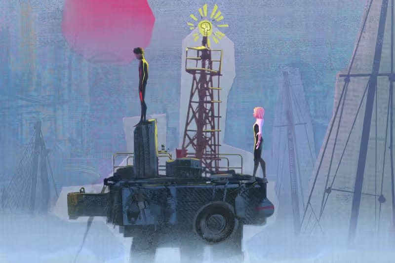 Two characters stand on a structure in a surreal landscape, with a large red sun and a lightbulb symbol above them.