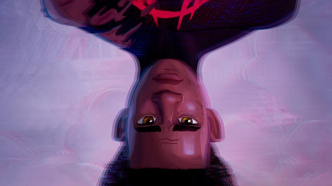 Miles Morales upside down with a vibrant background, wearing a black suit with a red spider emblem.