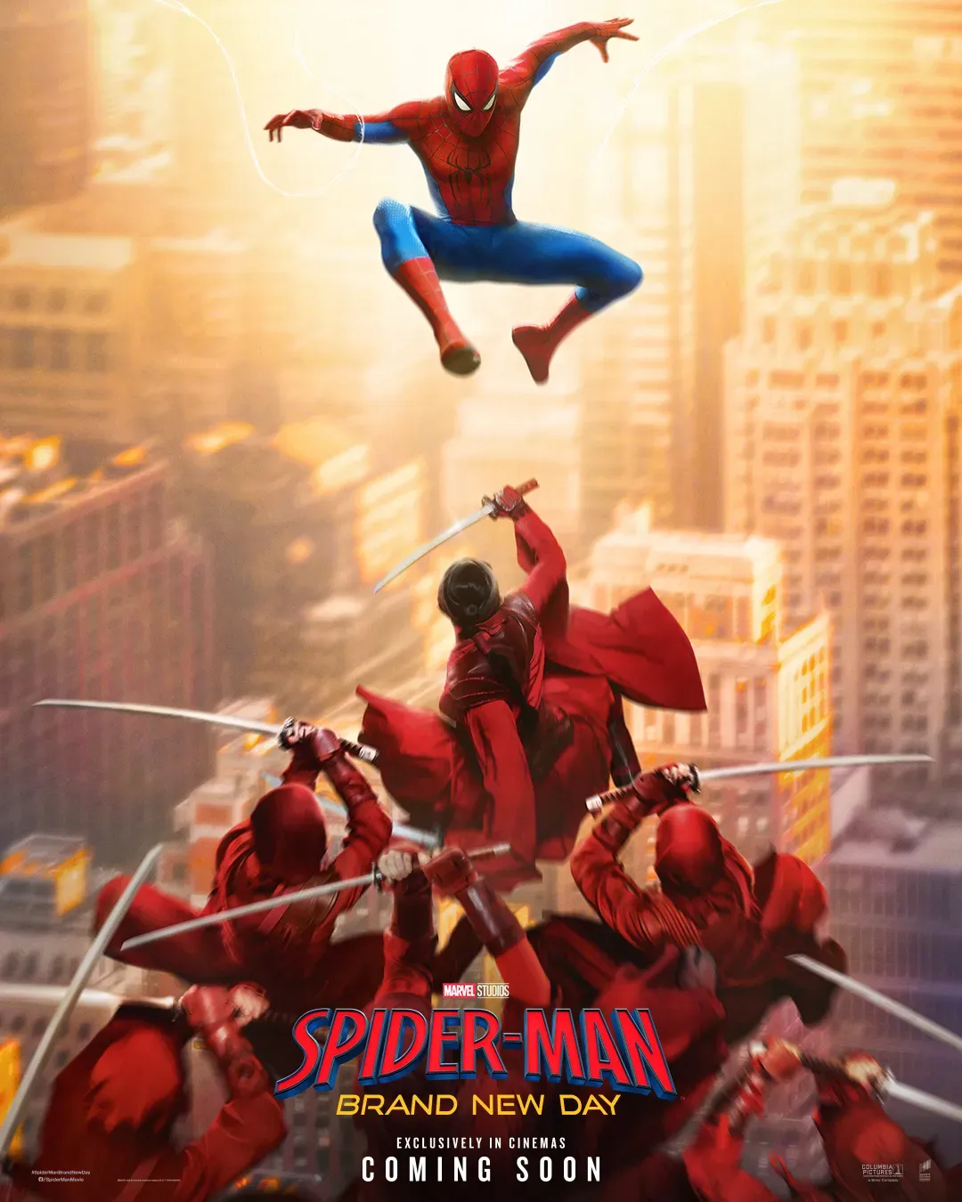 Spider-Man leaps above a group of ninjas in a cityscape, featuring intense colors and dynamic action.