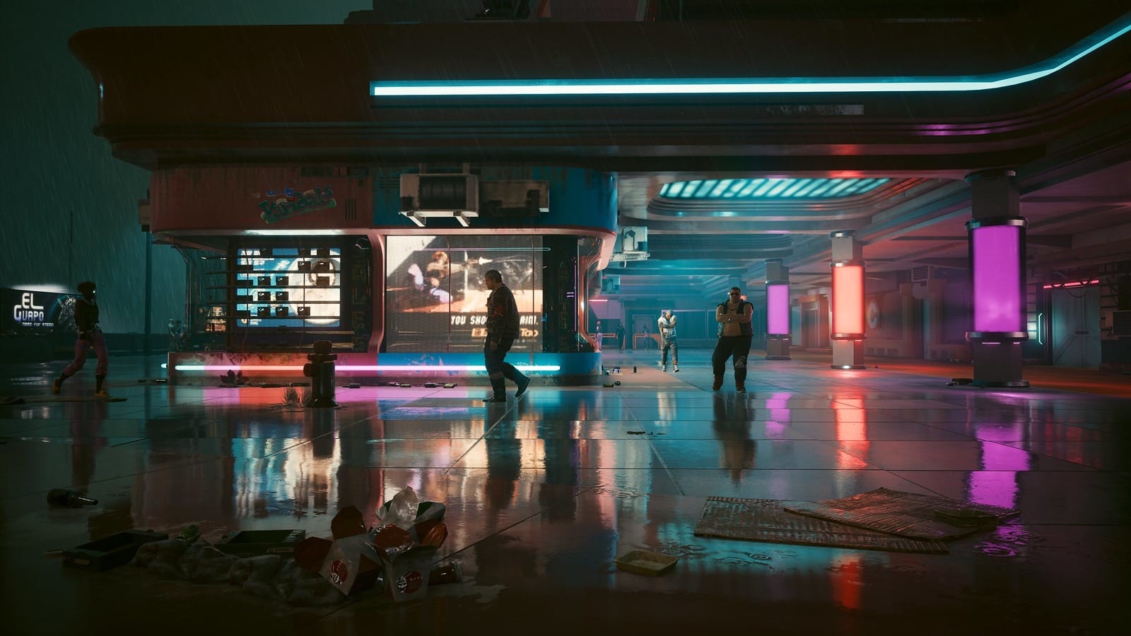 Vibrant neon-lit street scene from Cyberpunk 2077 showcasing a futuristic storefront and rainy pavement reflections.