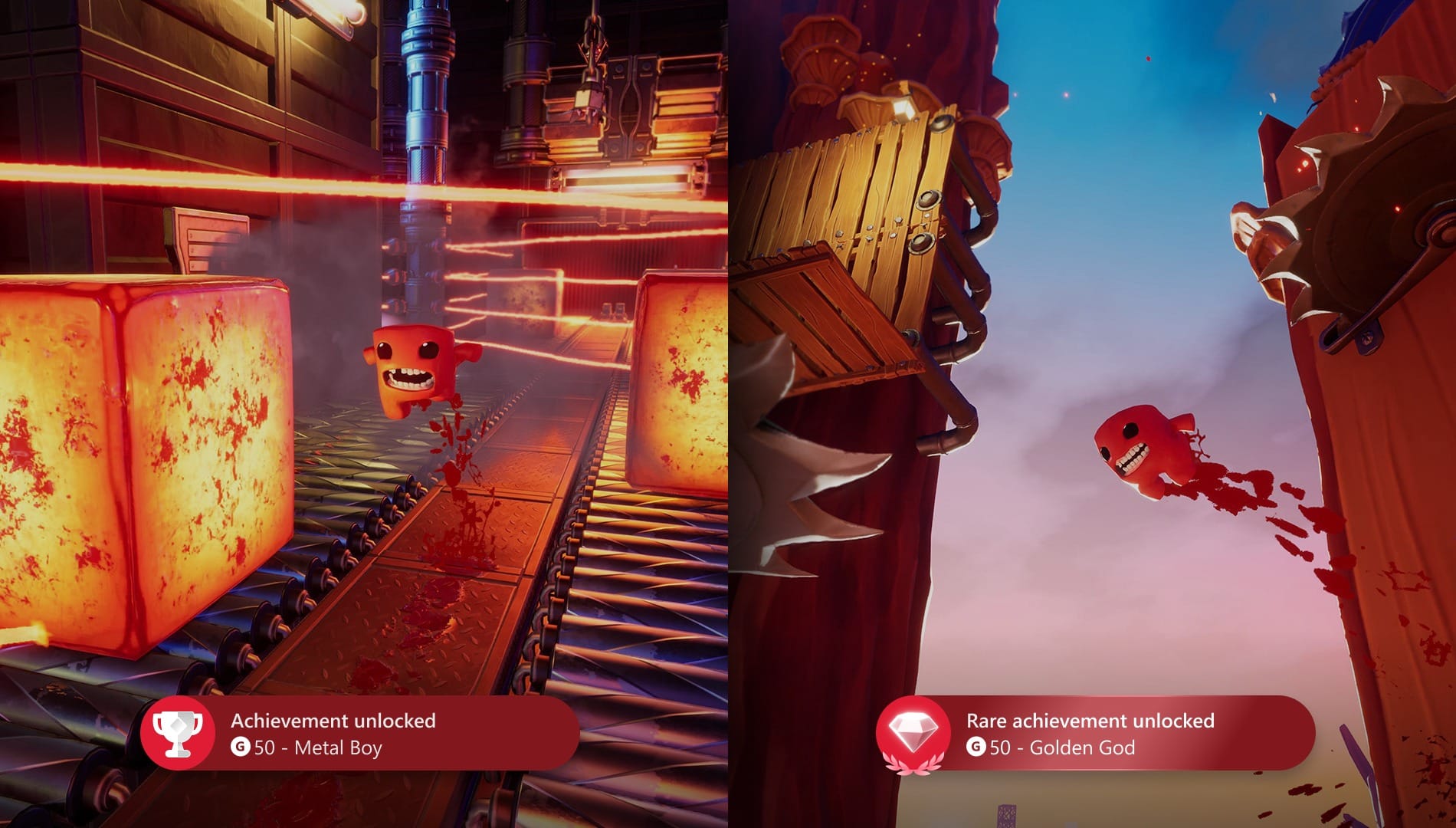 Side-by-side comparison of Xbox achievement alerts in gaming scenes, displaying 'Metal Boy' and 'Golden God' achievements.