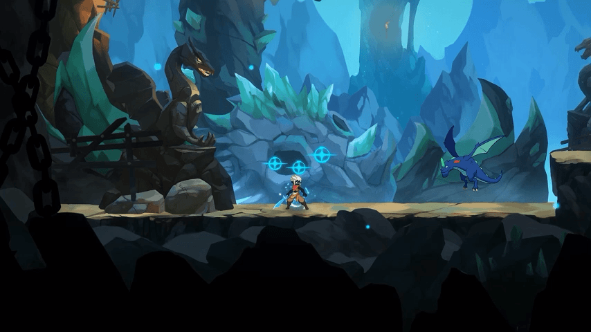 Gameplay scene with a character facing a dragon in a rocky, mystical setting.