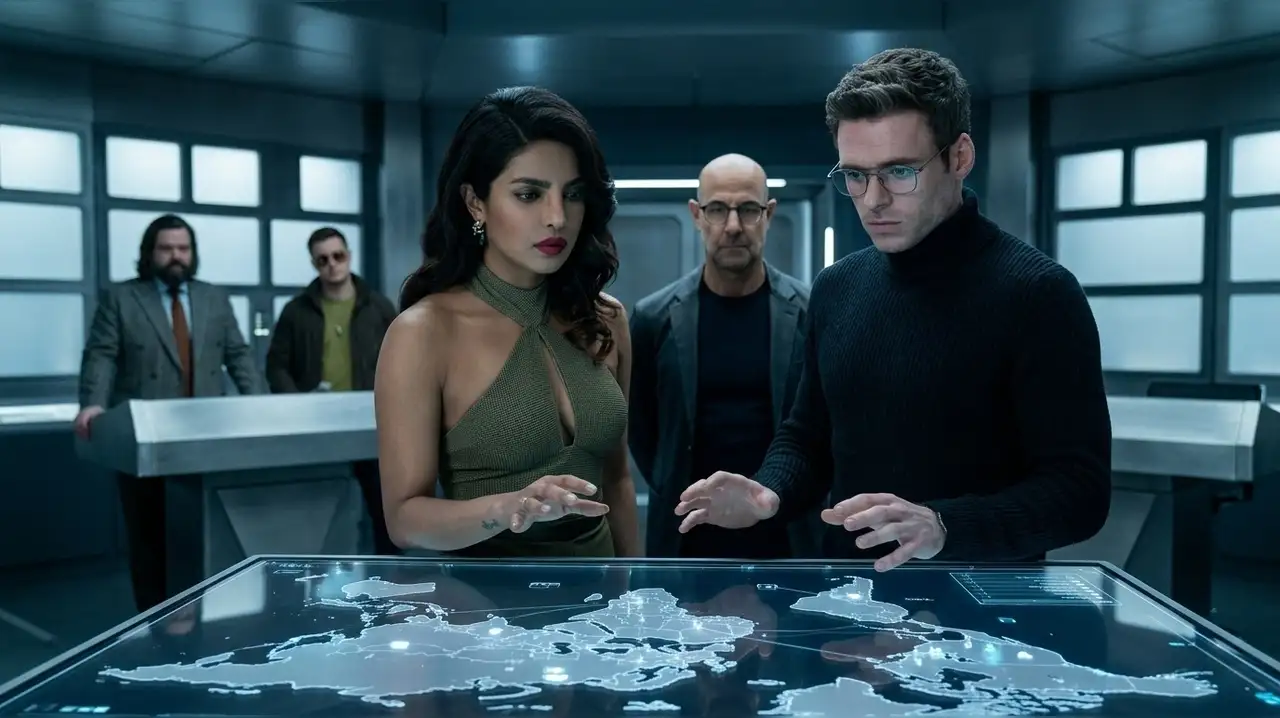 Priyanka Chopra Jonas with team analyzing a digital map in Citadel's high-tech command center.