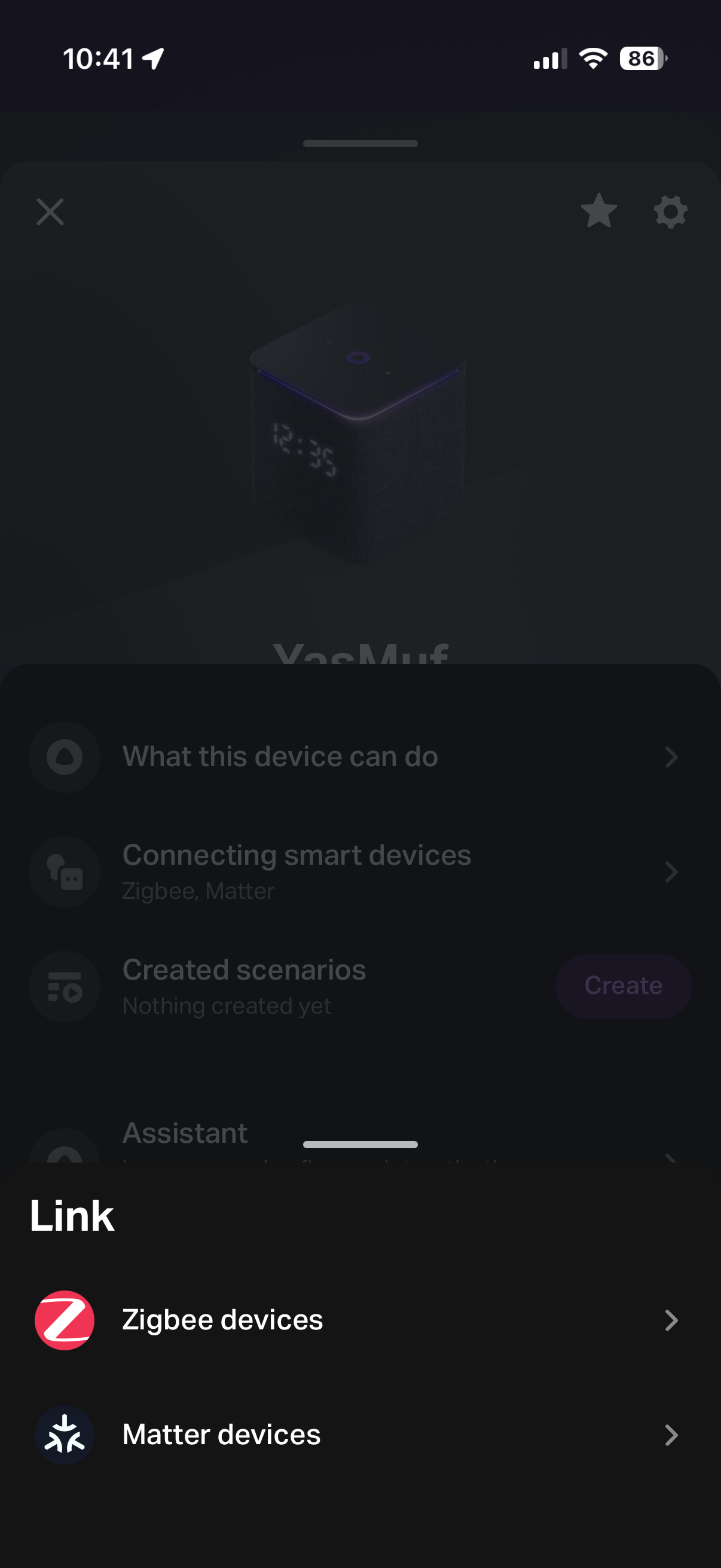 Mobile app screen with connection settings for Yasmina Midi.