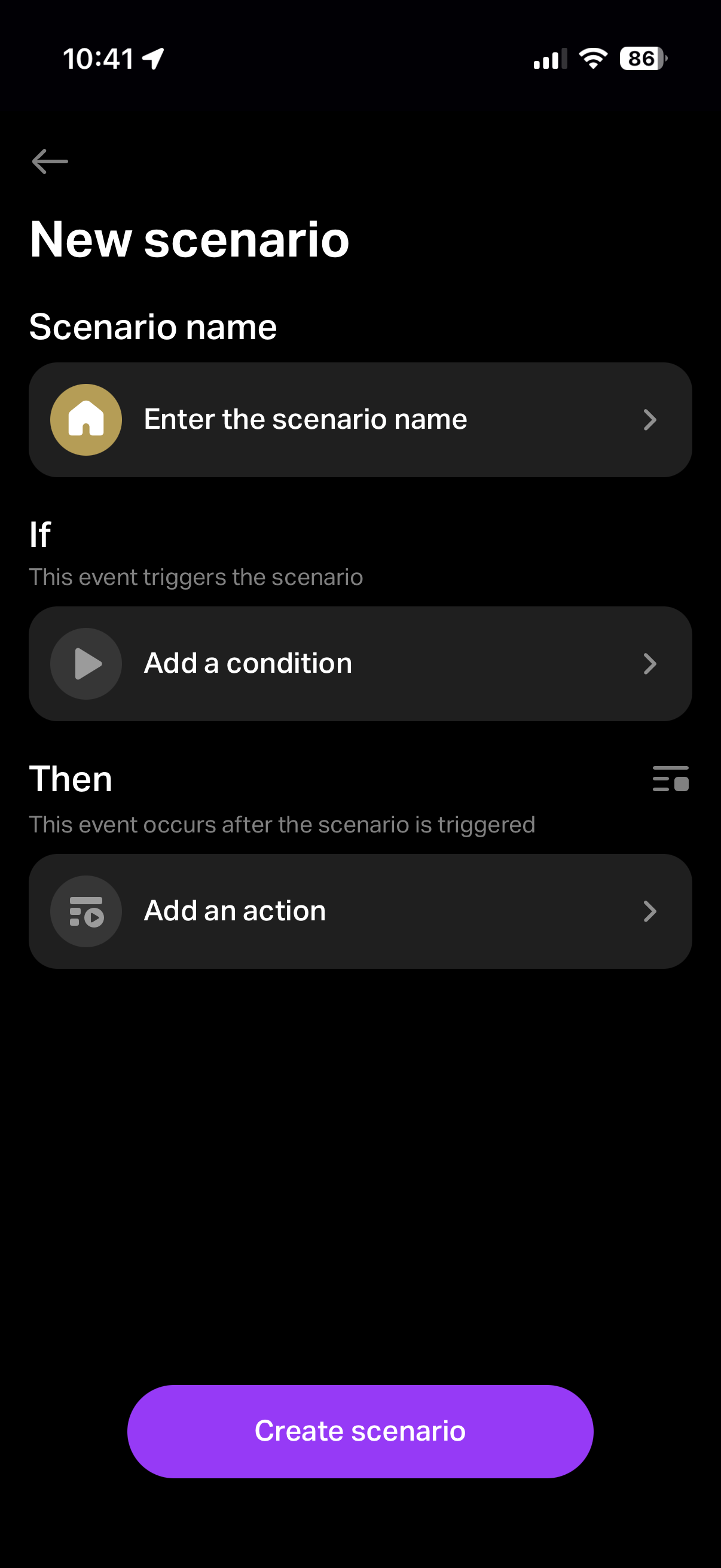Mobile app screenshot for creating a scenario for Yasmina Midi.
