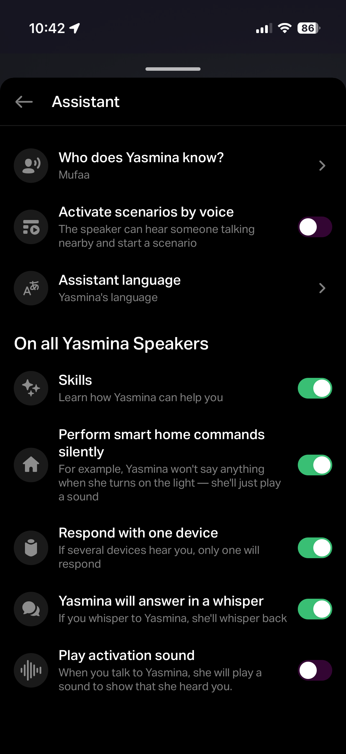 Mobile app screen showing assistant features for Yasmina Midi.