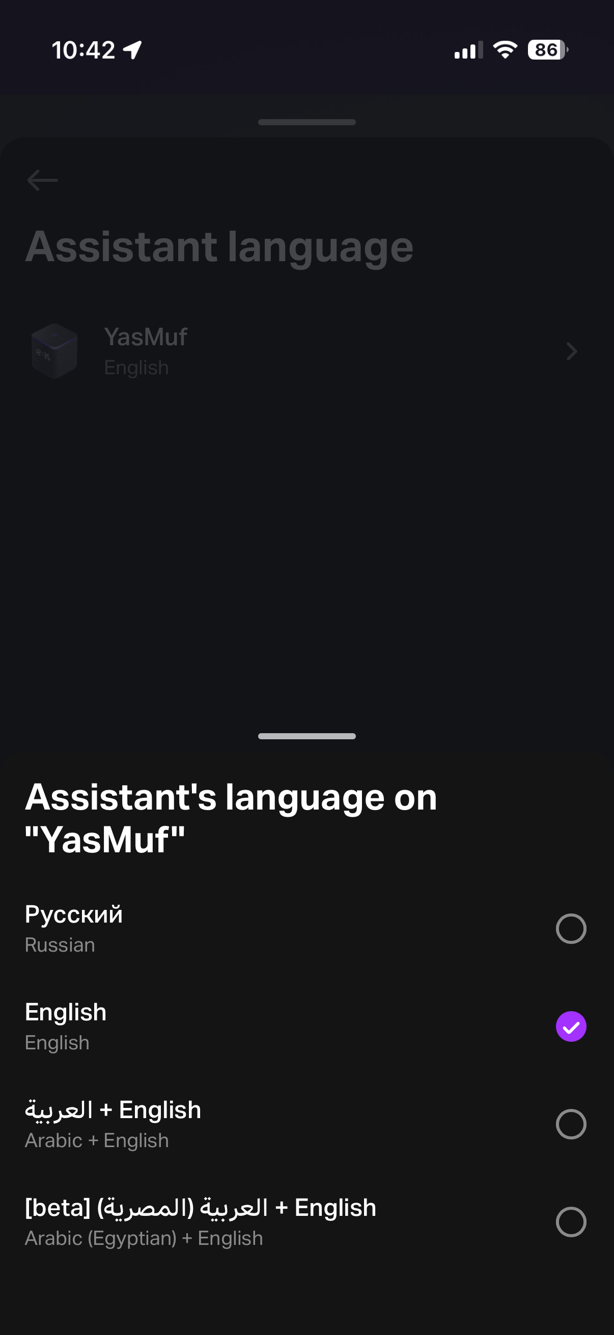 Mobile app showing language options for Yasmina Midi assistant.