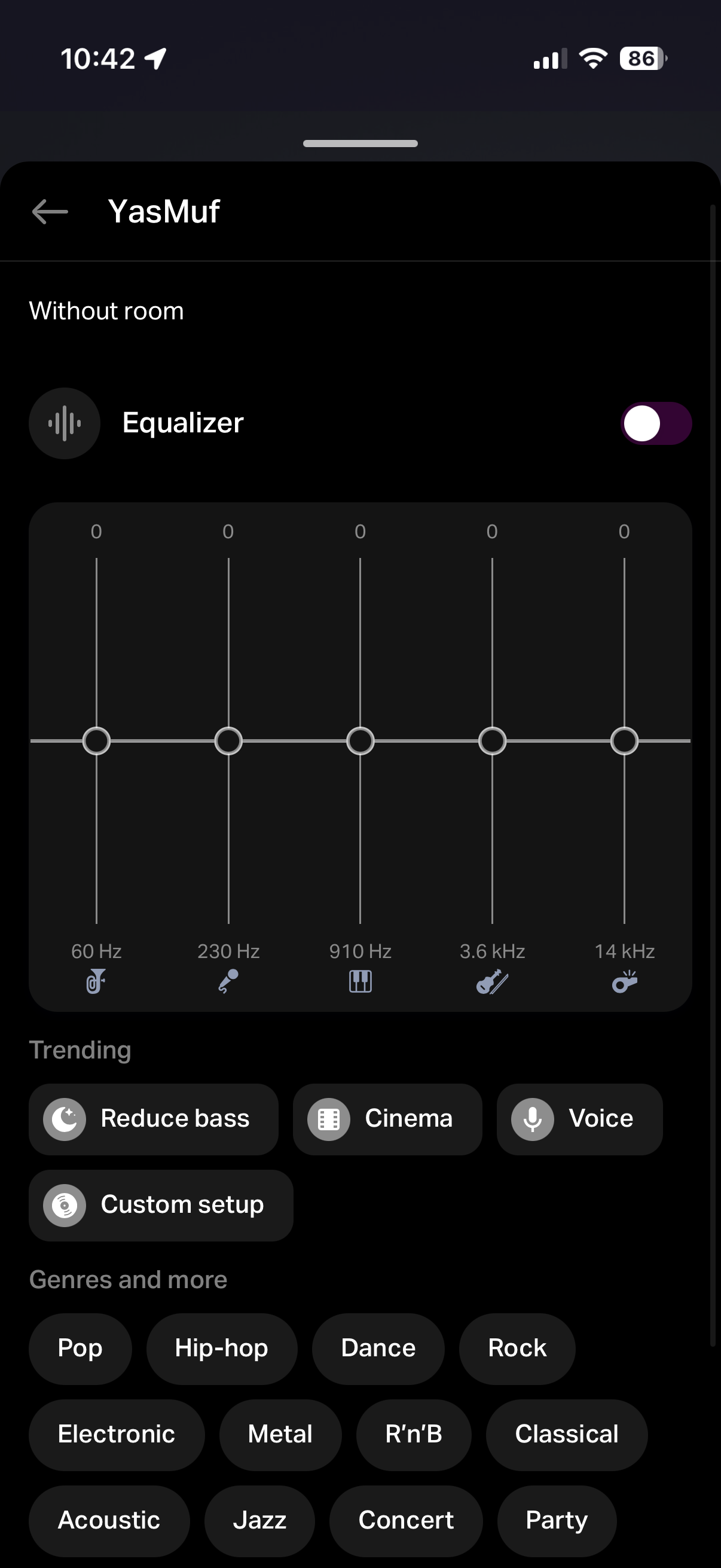 Mobile app equalizer settings for Yasmina Midi smart speaker.