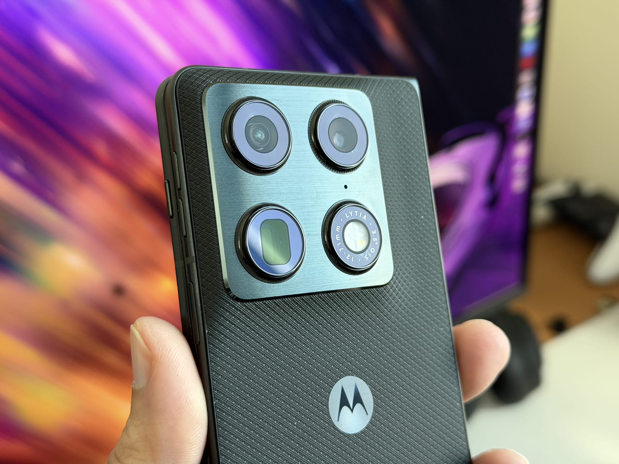 Close-up of the camera setup on the back of the Motorola Razr Fold.