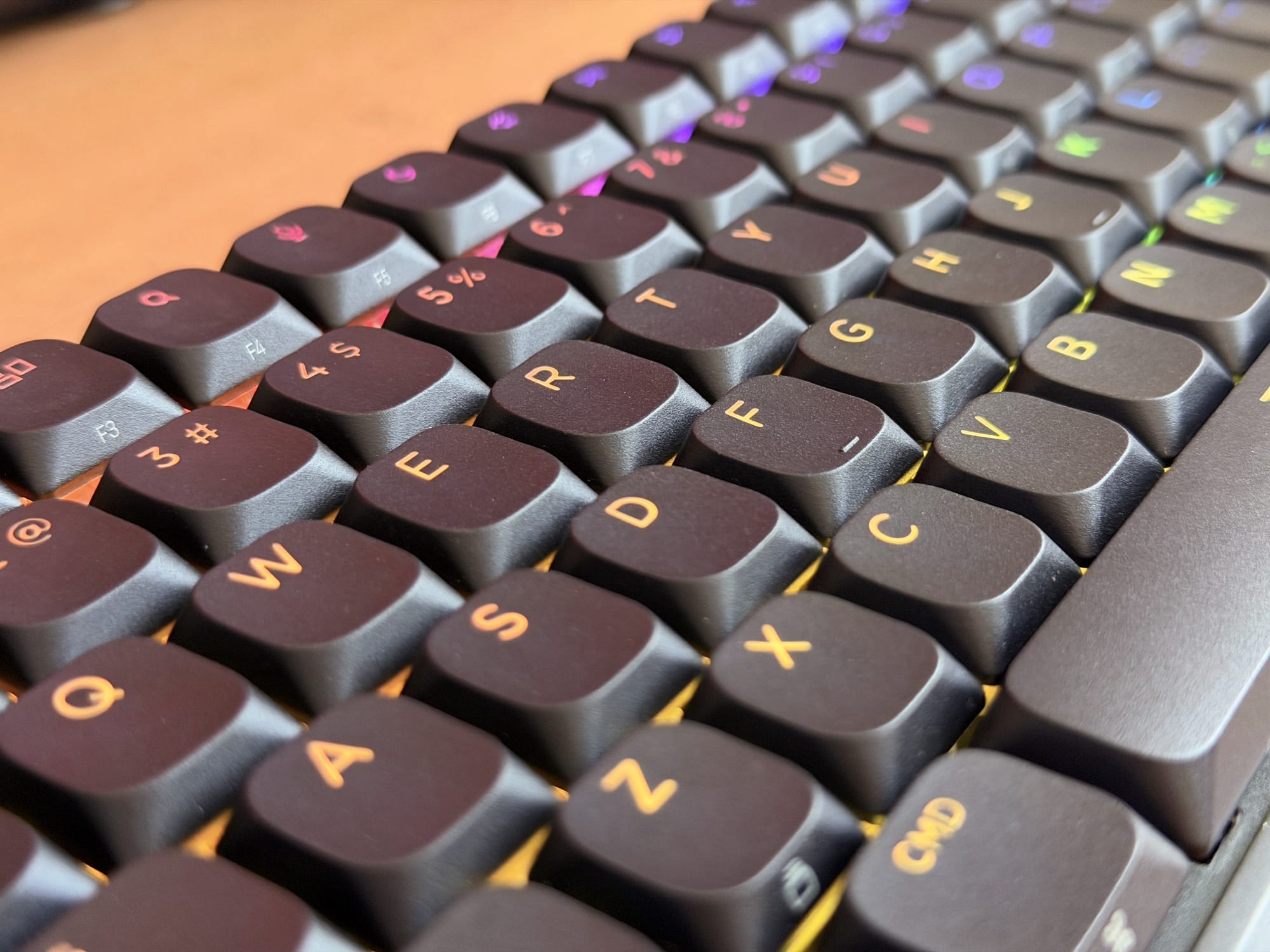 Close-up view of Corsair Vanguard Air 99 keyboard keys with vibrant backlighting and rounded keys.
