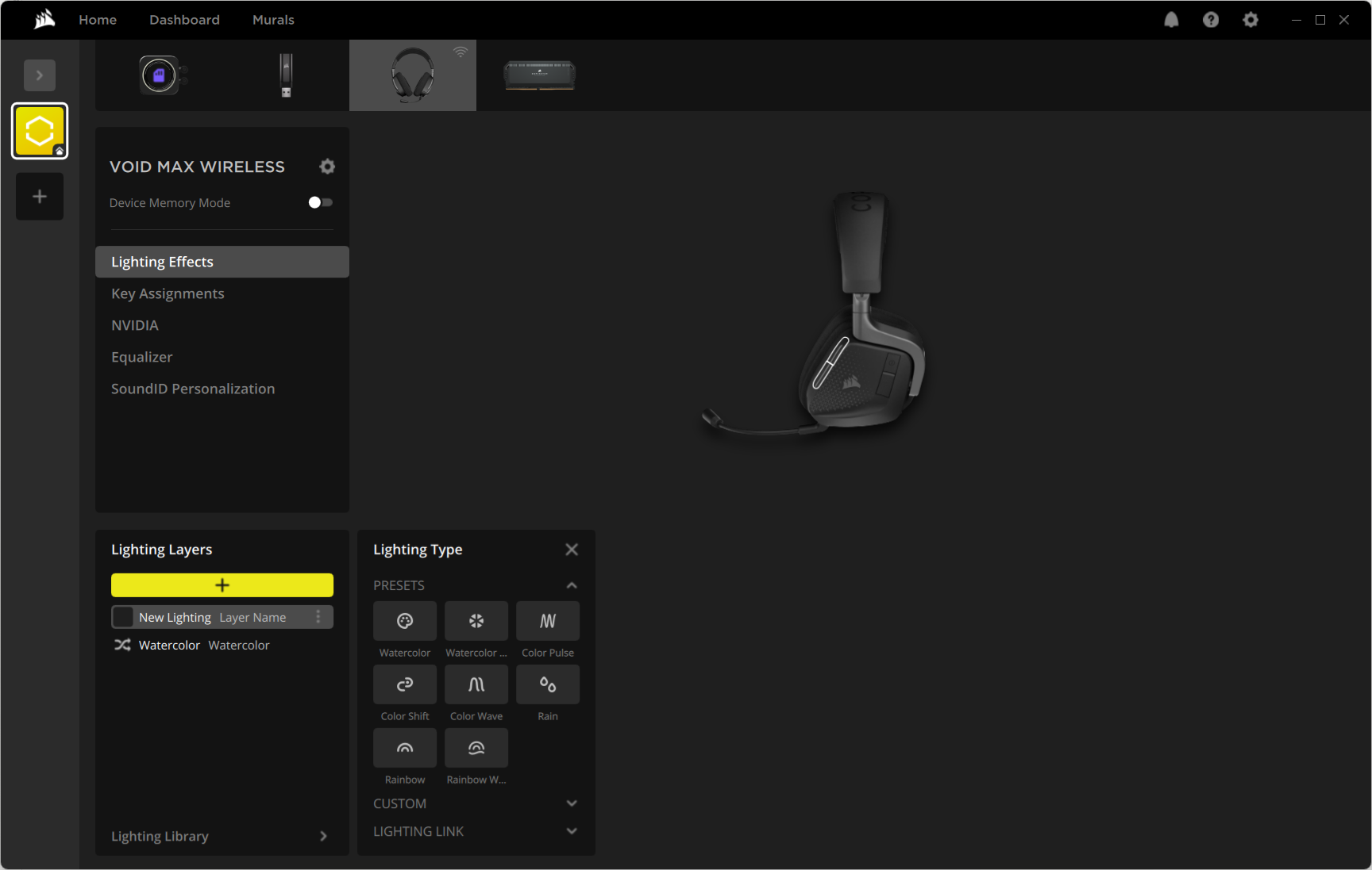 Corsair iCUE software UI showing Void Max Wireless configuration options.