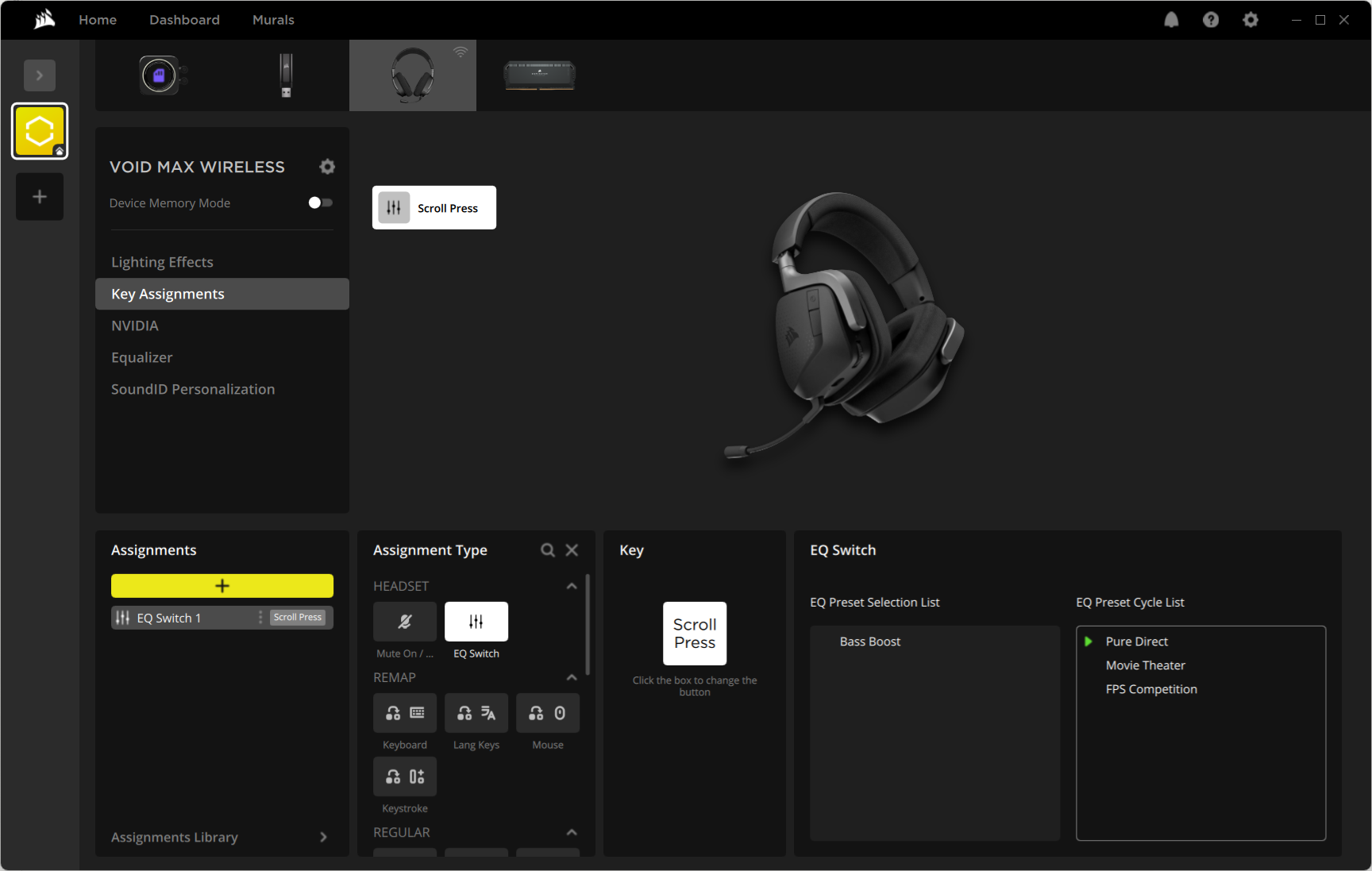 Corsair iCUE software displaying key assignments for the headset.