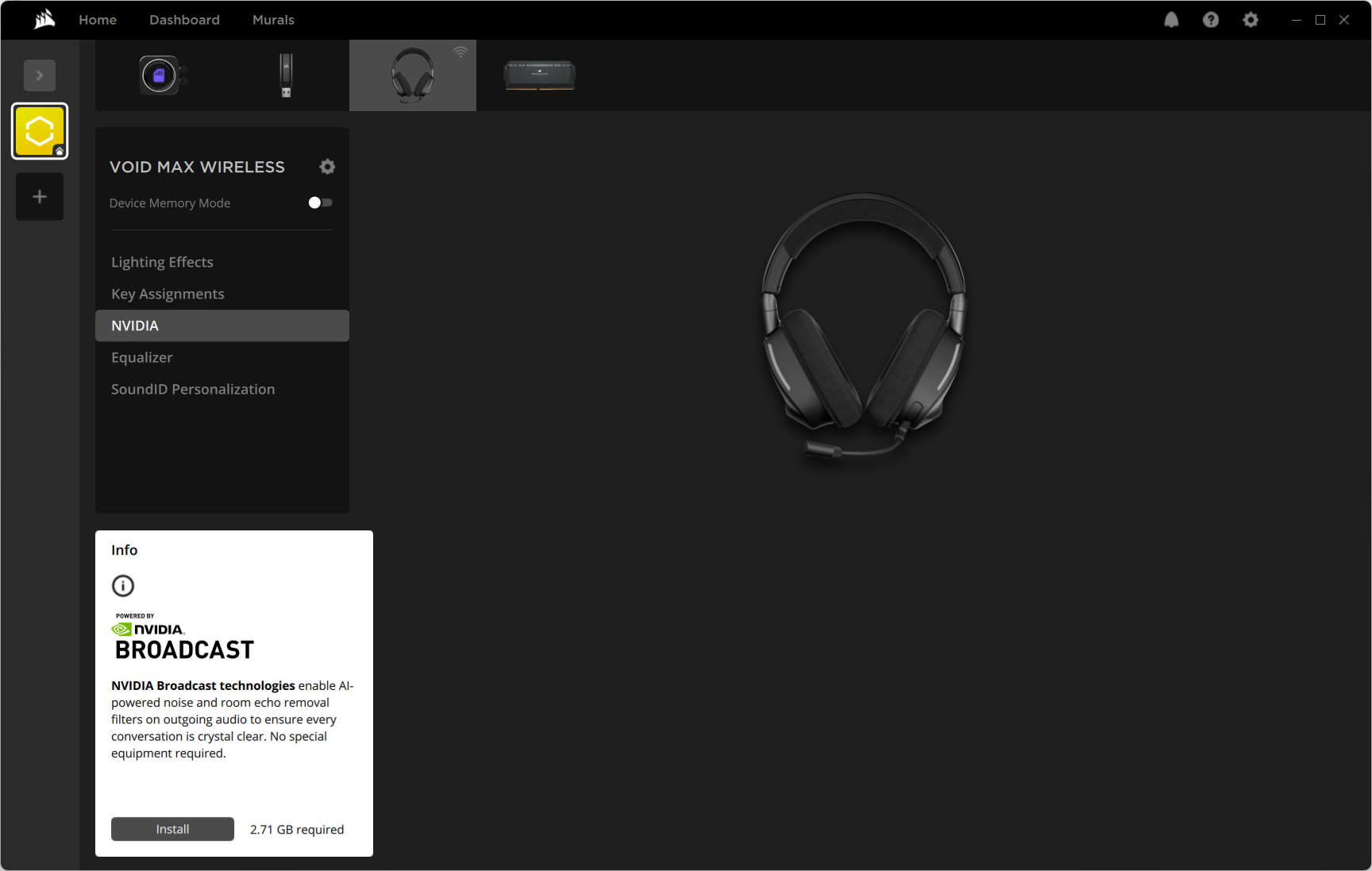 Corsair iCUE software showing NVIDIA Broadcast settings for the headset.