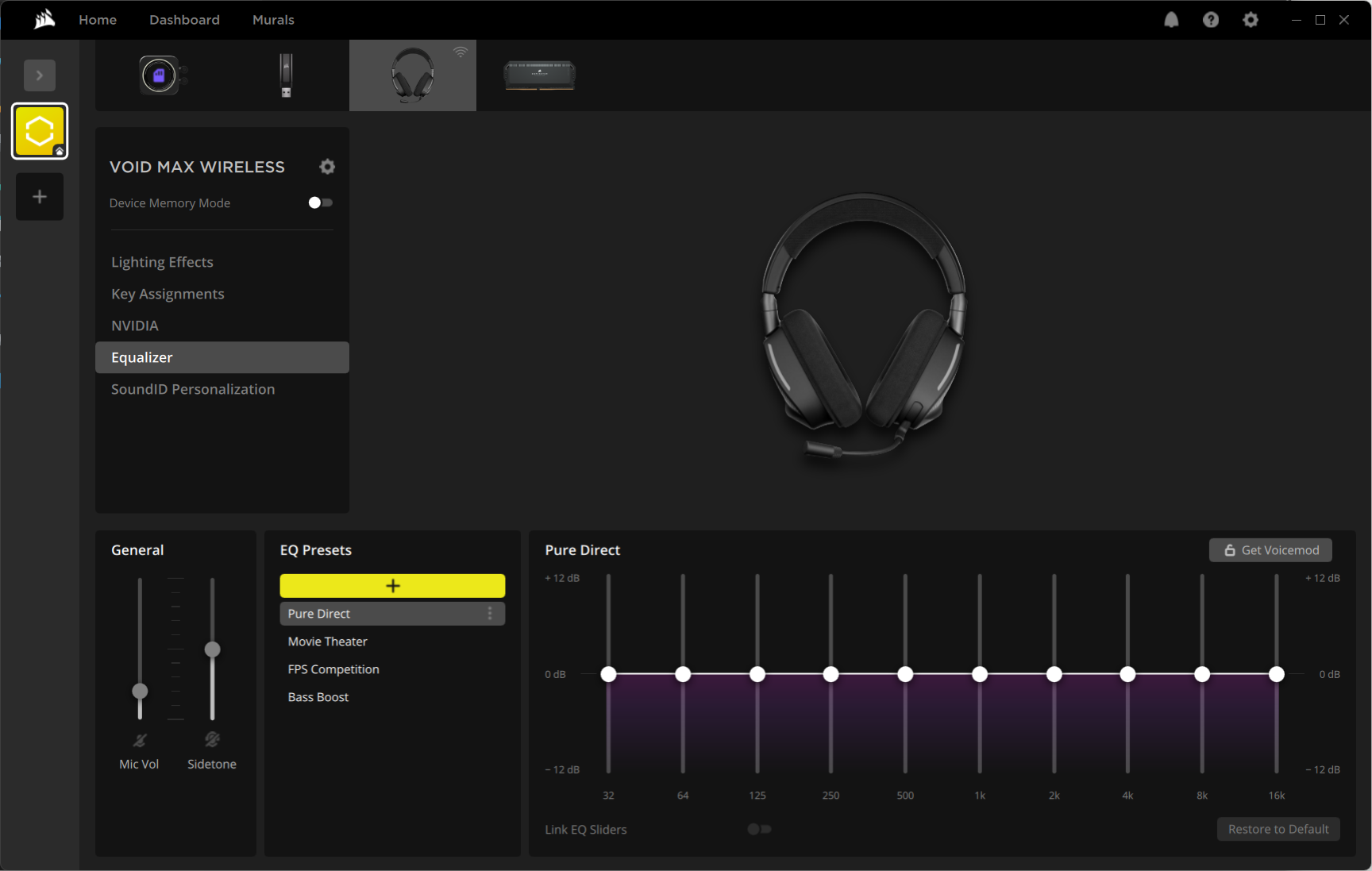 Corsair iCUE software with equalizer settings for the Void Max Wireless.