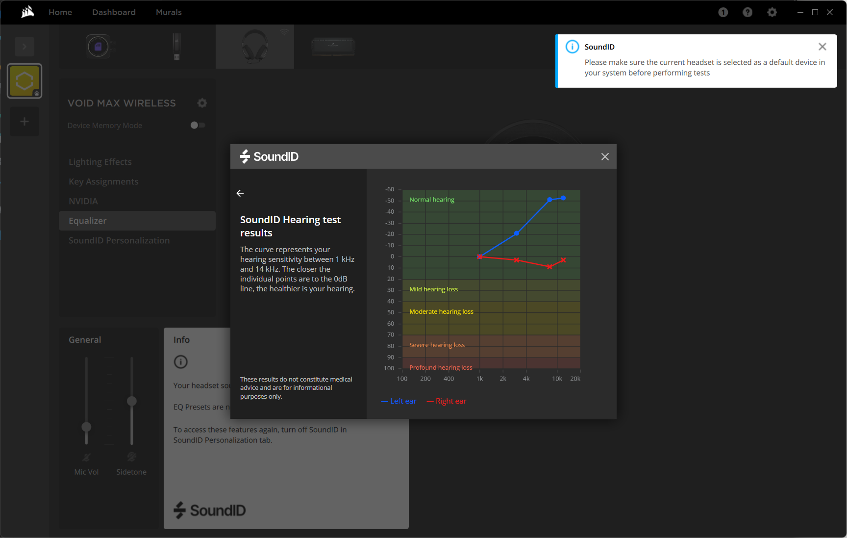 Corsair iCUE software displaying SoundID hearing test results.