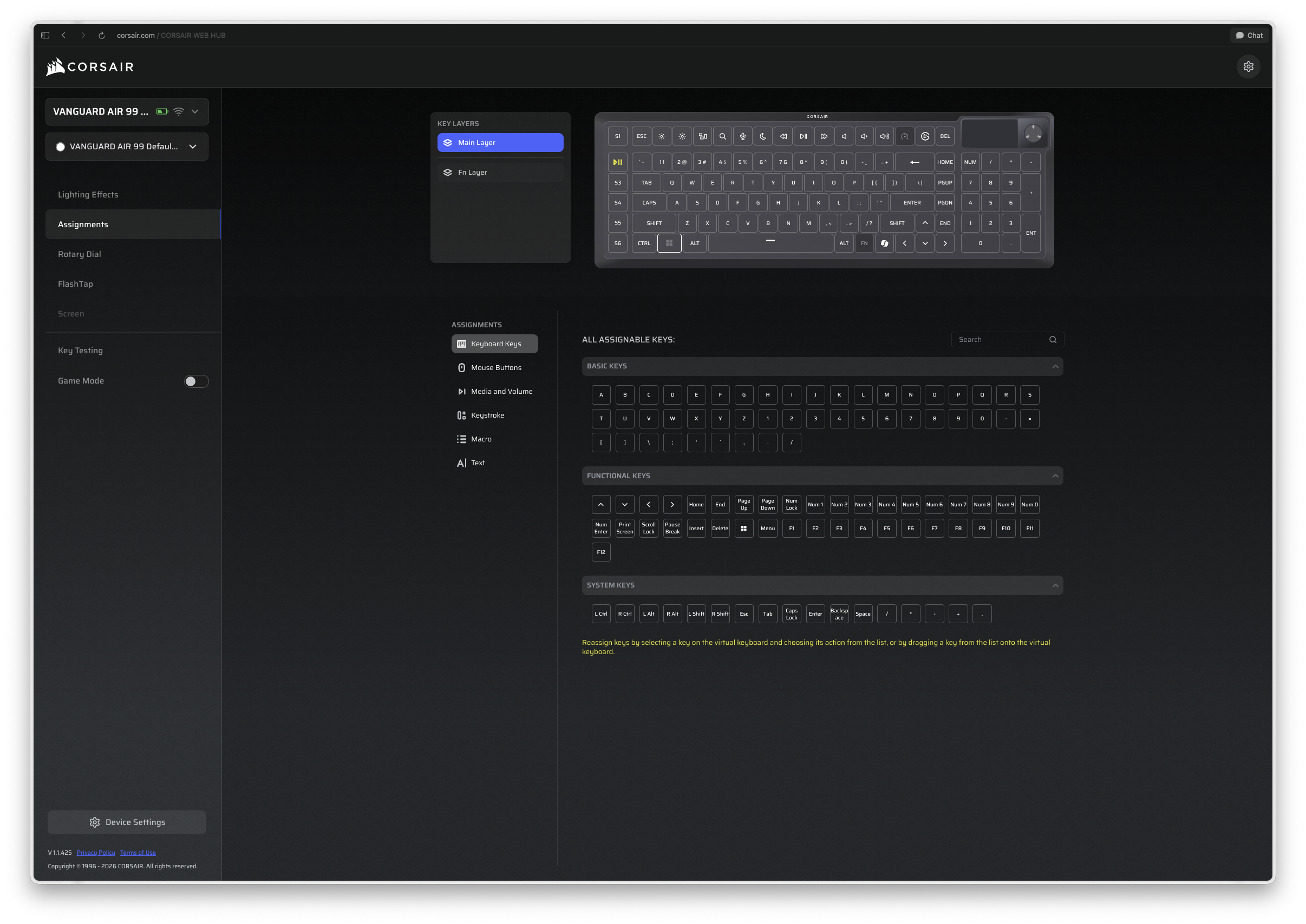 Corsair software interface showing key assignments for the Vanguard Air 99 keyboard.