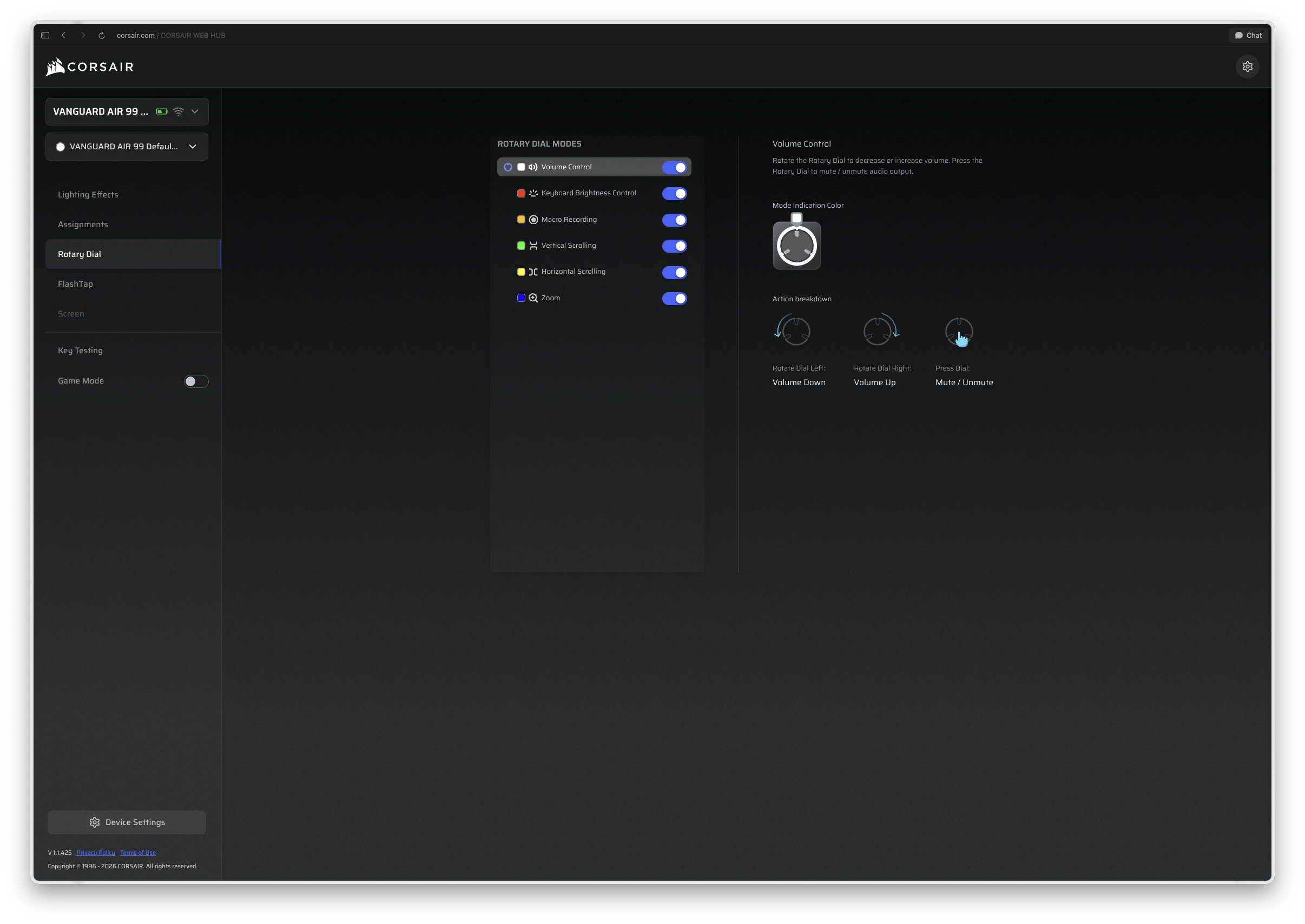 Corsair software interface displaying recent key presses and volume control settings.