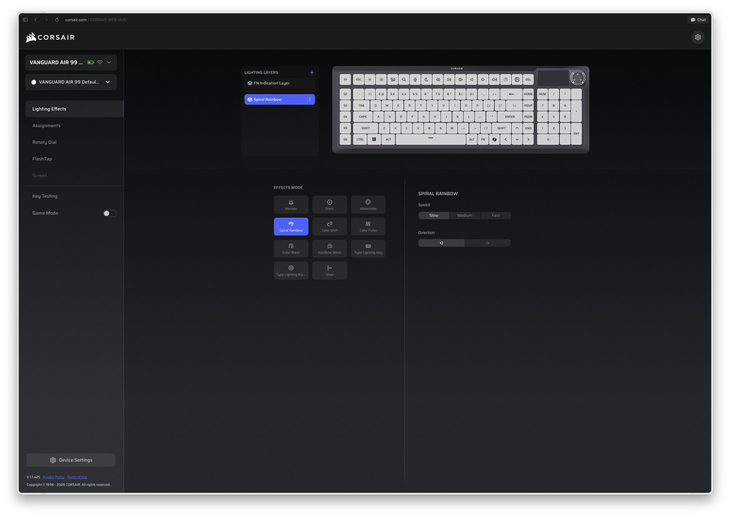 Corsair software interface illustrating lighting effects and customization options for the keyboard.