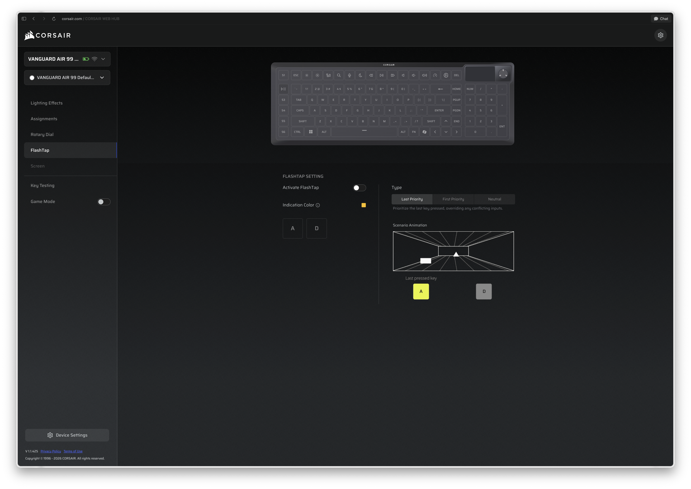 Corsair Vanguard Air 99 wireless keyboard configuration screen with key assignments and lighting settings.