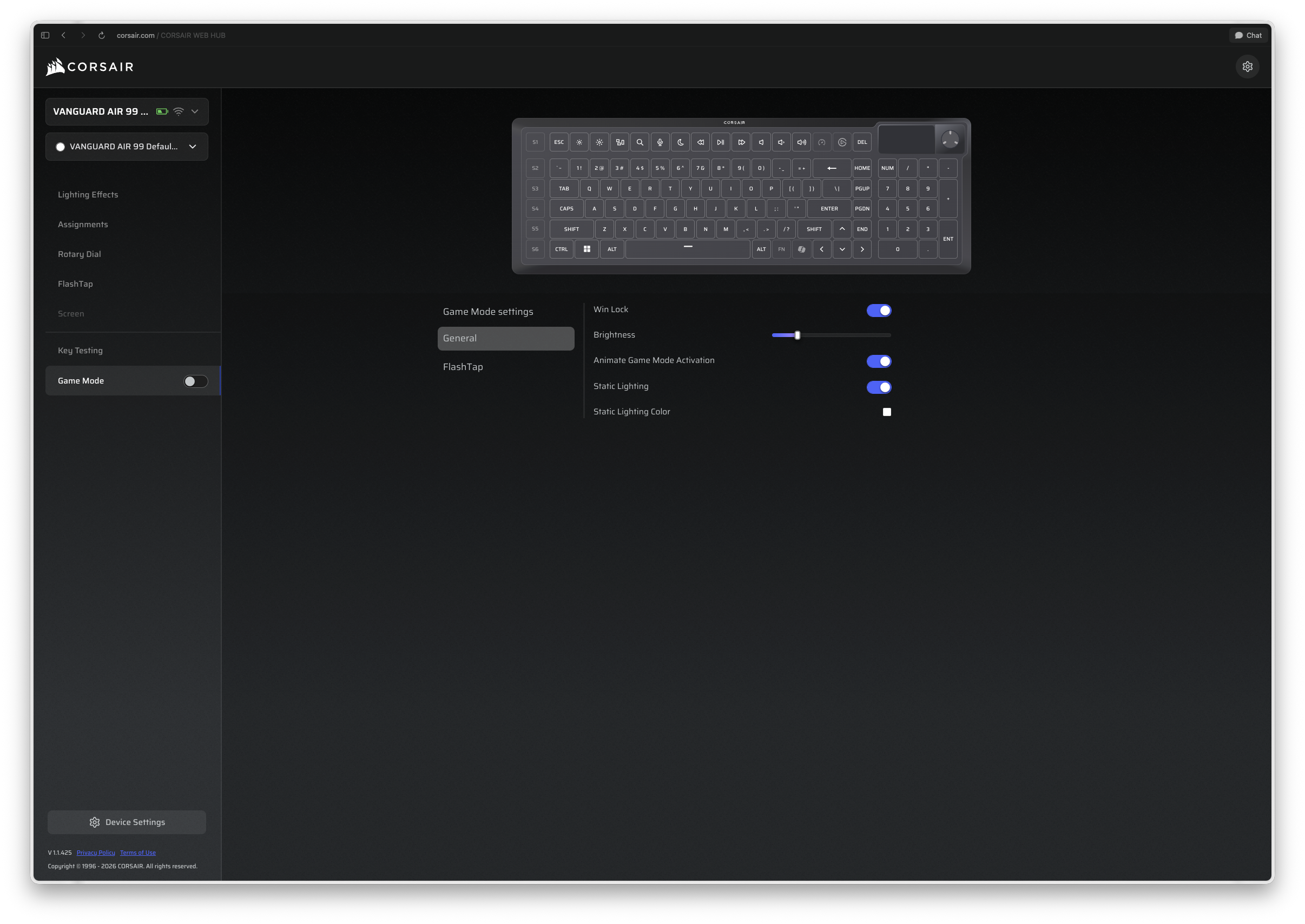 Corsair Vanguard Air 99 wireless keyboard settings screen displaying Game Mode options and brightness controls.