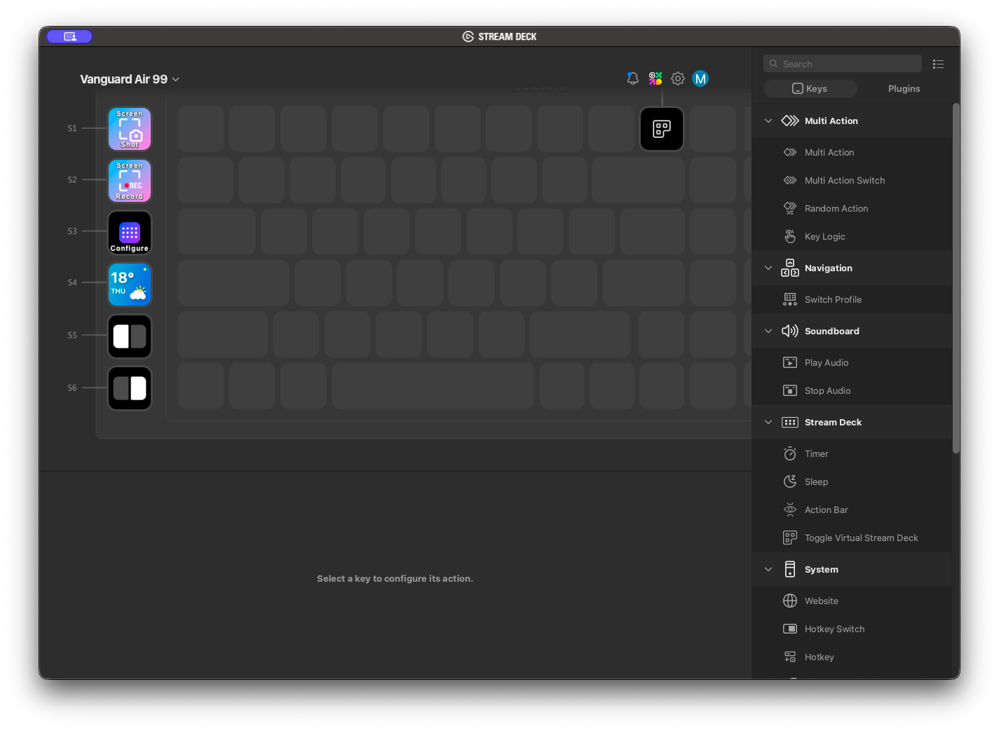 Stream Deck interface showing customizable keys for the Corsair Vanguard Air 99 keyboard.