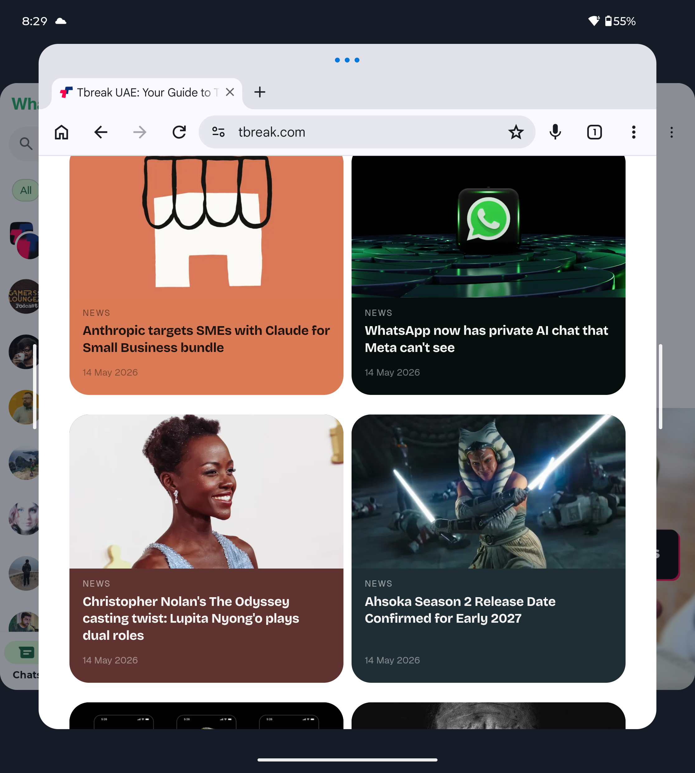 tbreak.com news section on Motorola Razr Fold, featuring various articles and headlines.