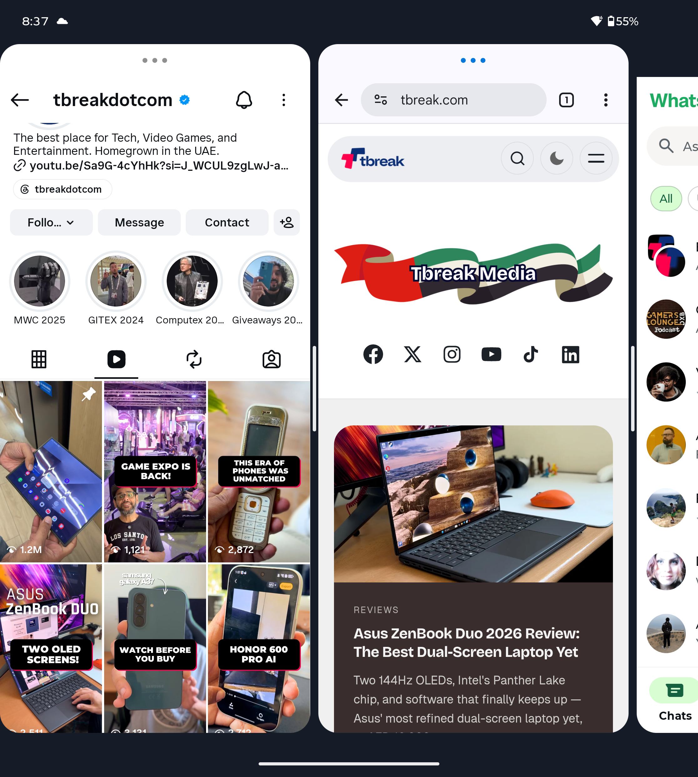 tbreak.com website interface displayed on the Motorola Razr Fold, showing social media content.