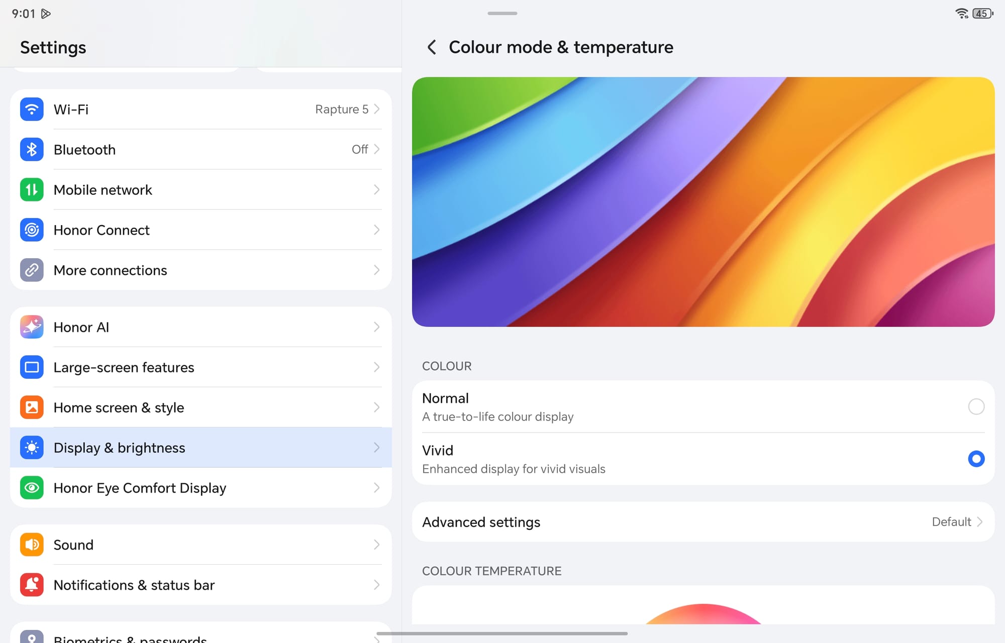 Settings menu on Honor MagicPad 4 showing display color mode options.