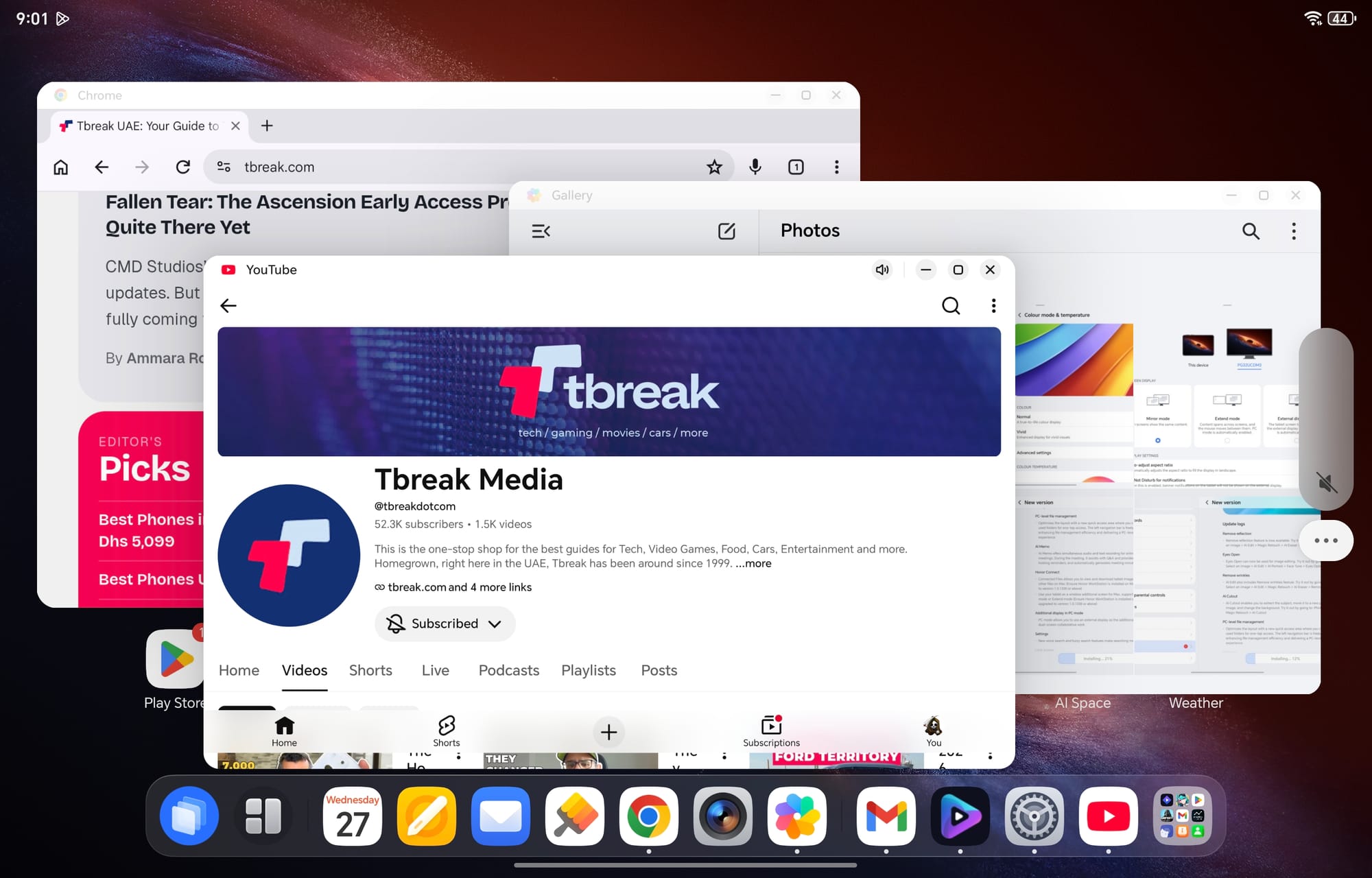 Multi-window view on Honor MagicPad 4, displaying Tbreak Media YouTube channel.