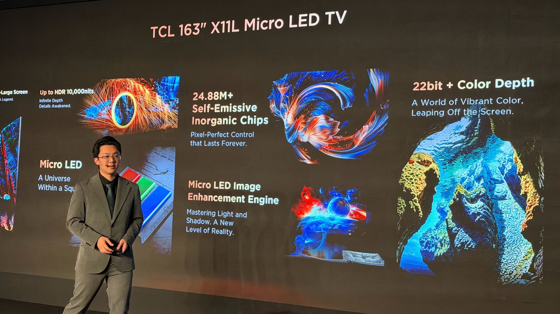 TCL product line manager Neo Ni on stage in front of the 163-inch X11L Micro LED spec slide.
