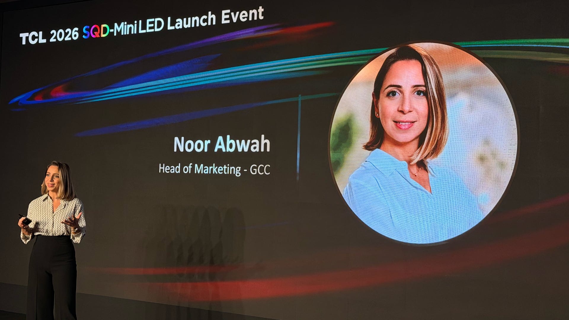 TCL GCC head of marketing Noor Abwah on stage at the 2026 SQD-Mini LED Launch Event in Dubai.