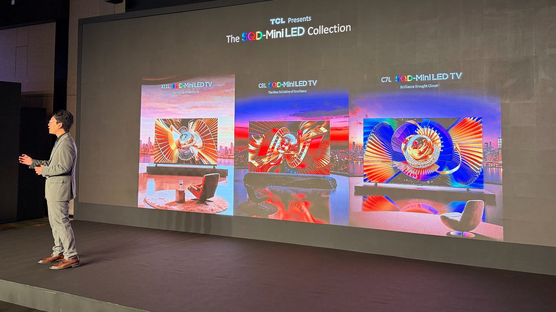 TCL 2026 SQD Mini-LED Collection slide showing the X11L, C8L, and C7L models.