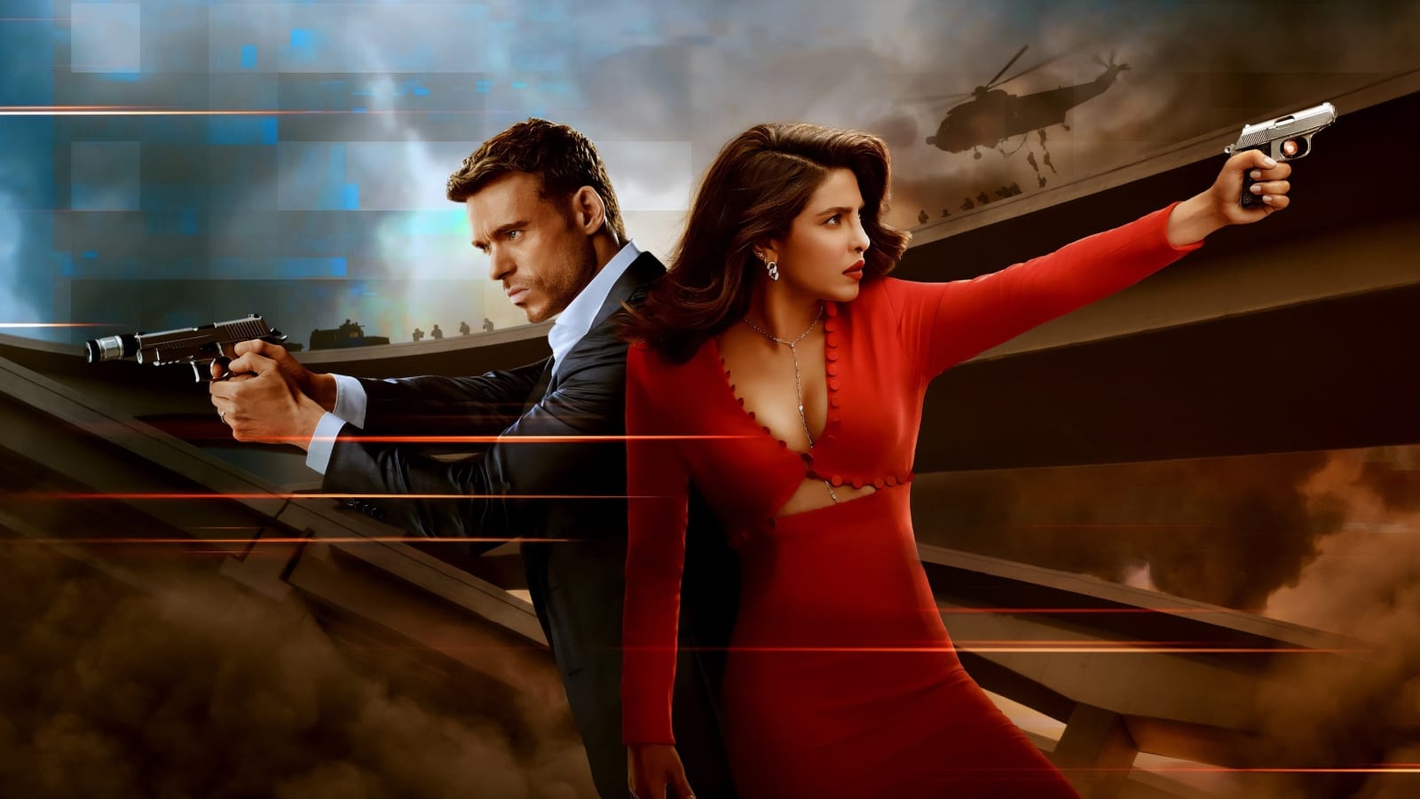 Dynamic action scene featuring Priyanka Chopra Jonas and Richard Madden aiming pistols in Citadel.