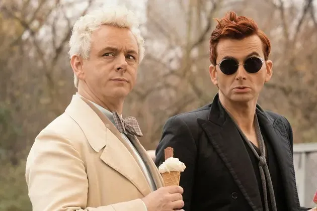 Aziraphale and Crowley sharing a moment, with Aziraphale holding an ice cream.