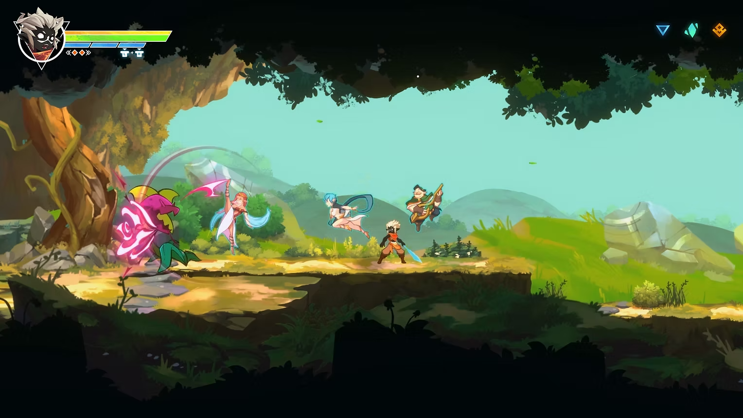 Character battling alongside allies against enemies in a scenic area filled with flora.