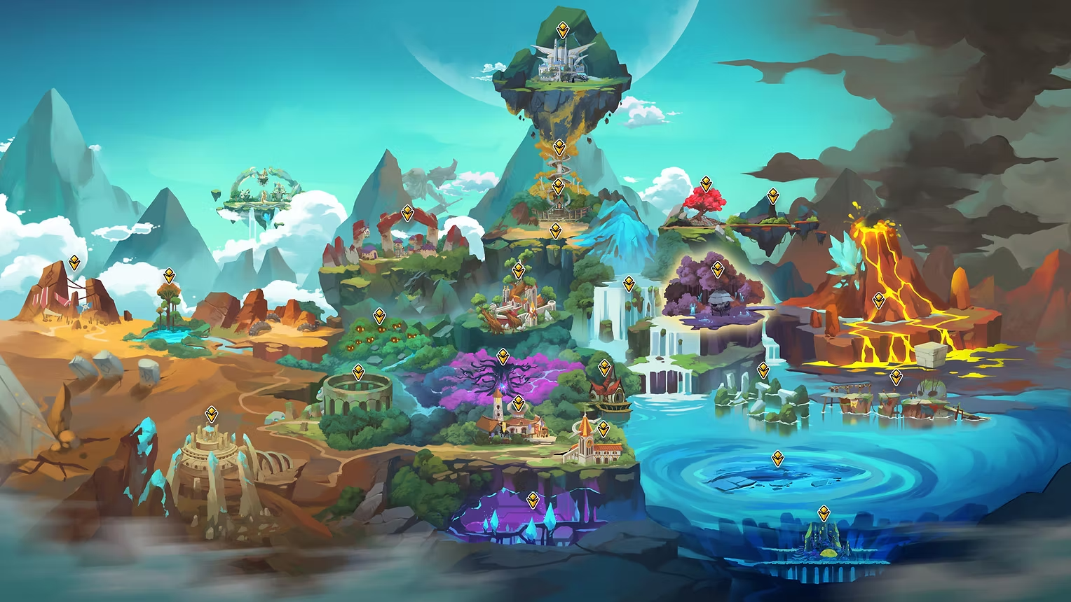 Colorful game map showcasing different regions and unique landmarks in Fallen Tear.