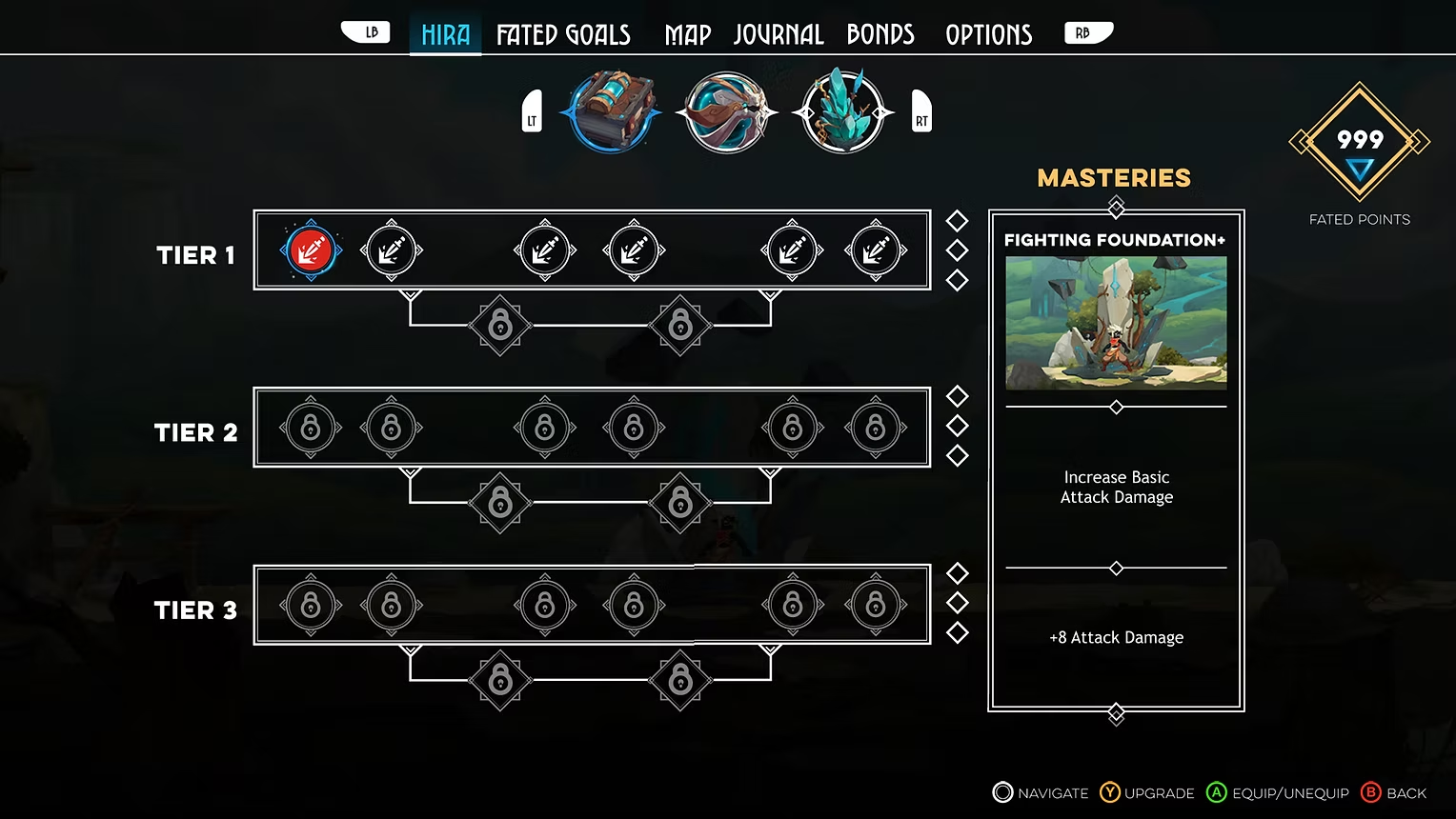 Mastery screen showcasing tiered abilities and stats for character progression.