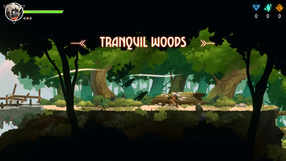 Gameplay screenshot from Tranquil Woods level, showing character and lush environment.