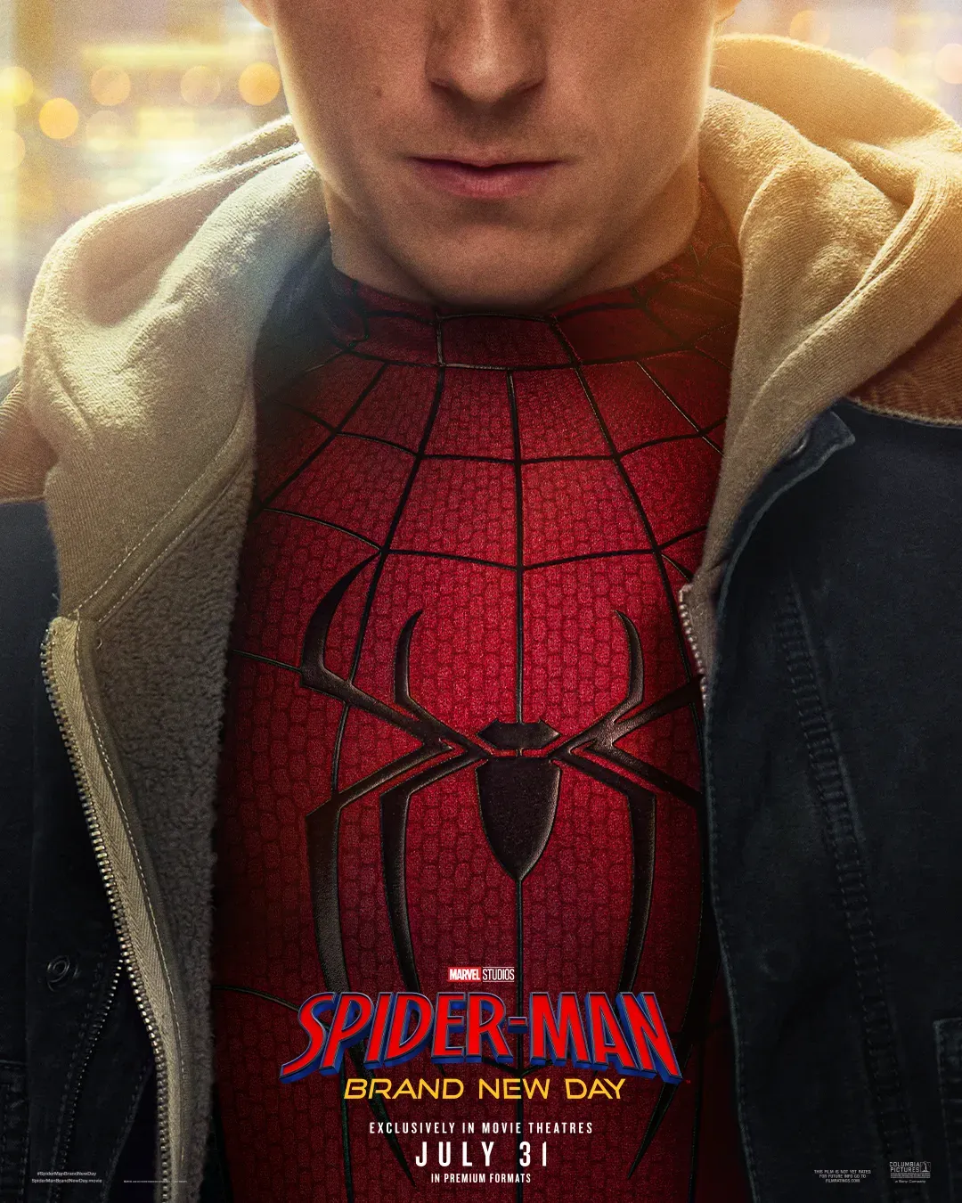 Spider-Man: Brand New Day promotional poster featuring Spider-Man's costume and logo, release date July 31.