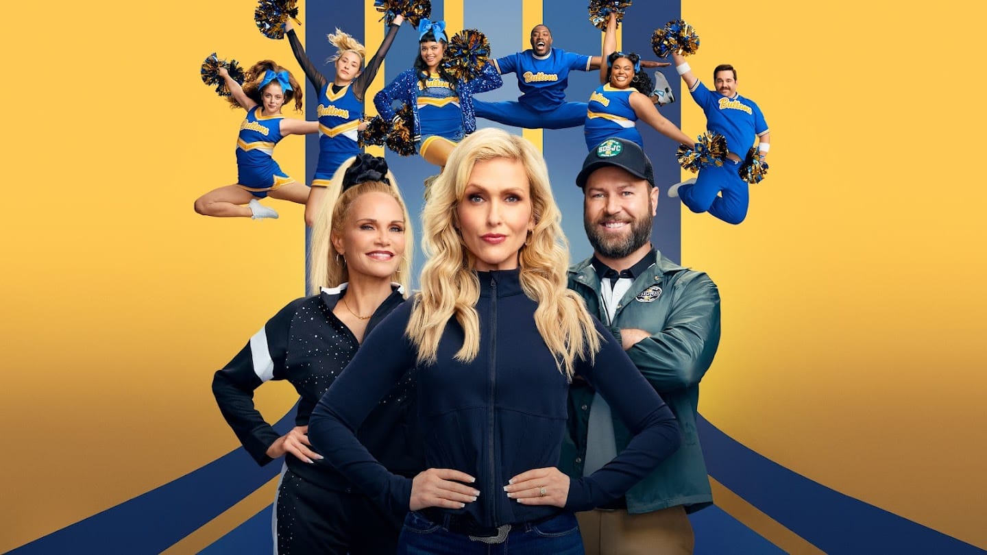 Promotional image for 'Stumble' featuring cast members in cheerleader outfits against a vibrant yellow background.