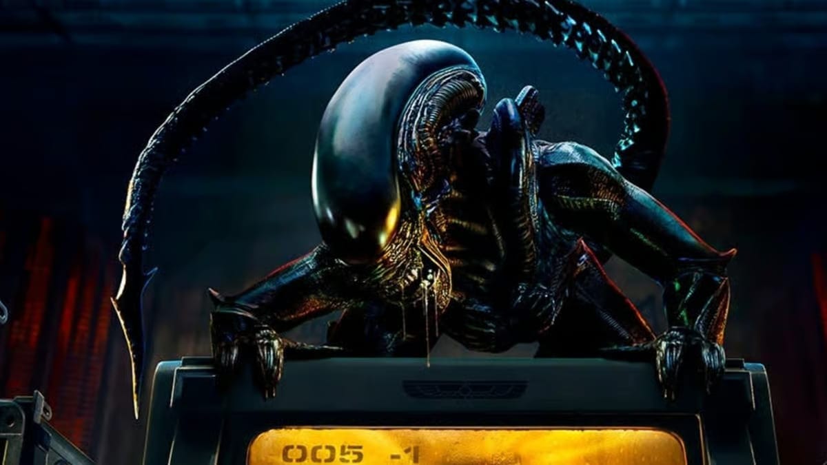 Xenomorph from Alien poised on a computer terminal, showcasing its menacing design.