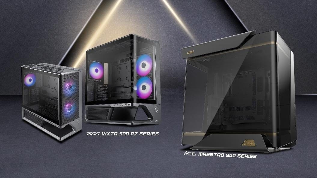 MSI PC cases: MPG VIKTA 300 P2, MAG MAESTRO 900, showcasing RGB lighting and modern aesthetics.