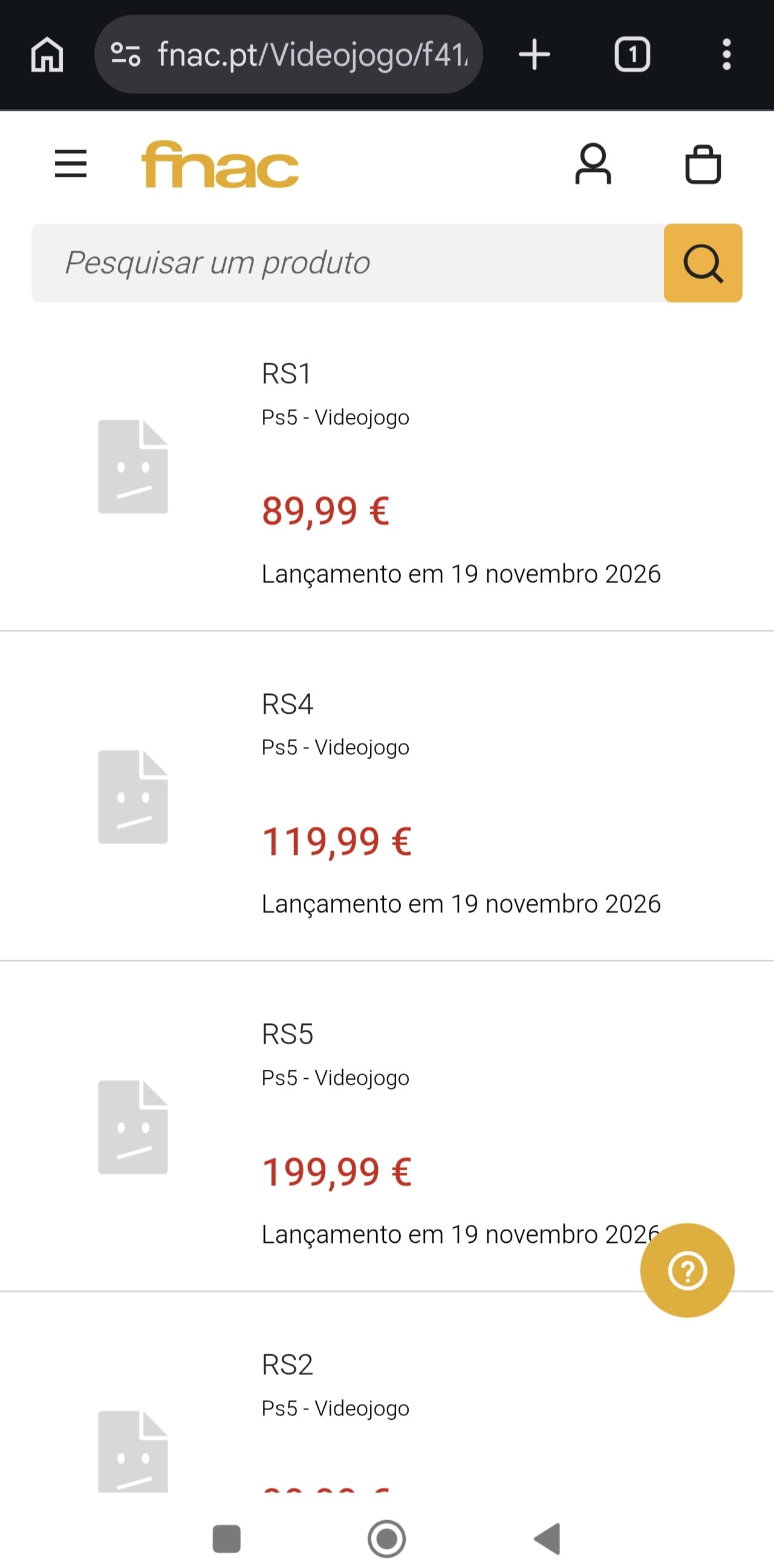 Screenshot of a product listing showing video game prices, including RS5 for €199.99.