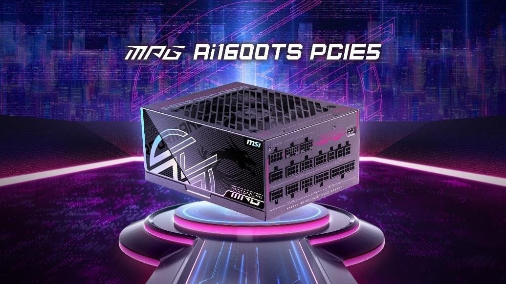 MSI MPG AI1600TS PCIE power supply featured in a futuristic design.