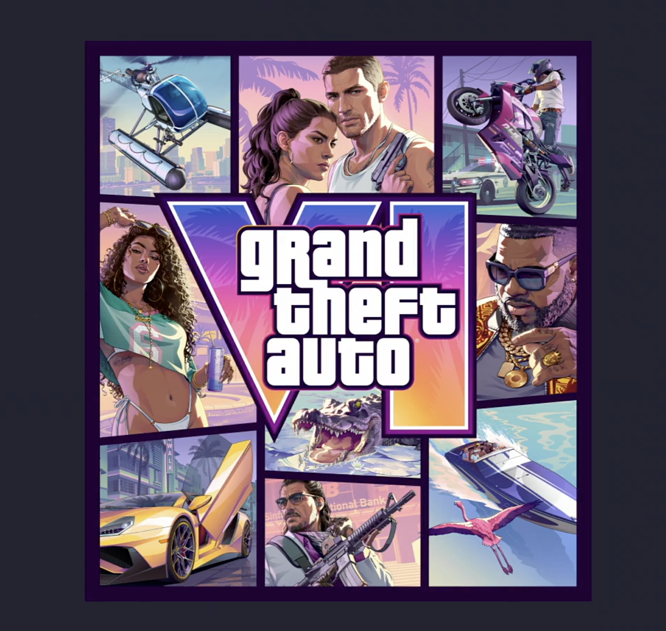Grand Theft Auto VI promotional artwork featuring scenes with characters, vehicles, and action sequences.