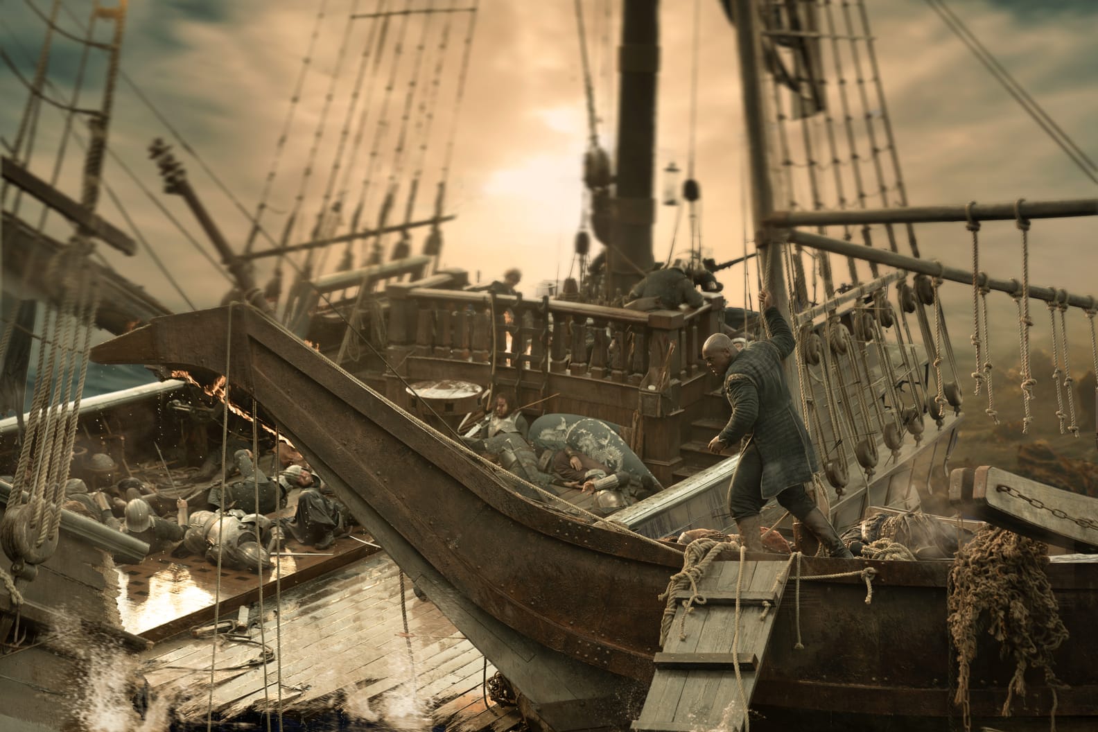 A scene from the battle on a ship, showing turmoil and soldiers amidst chaos.