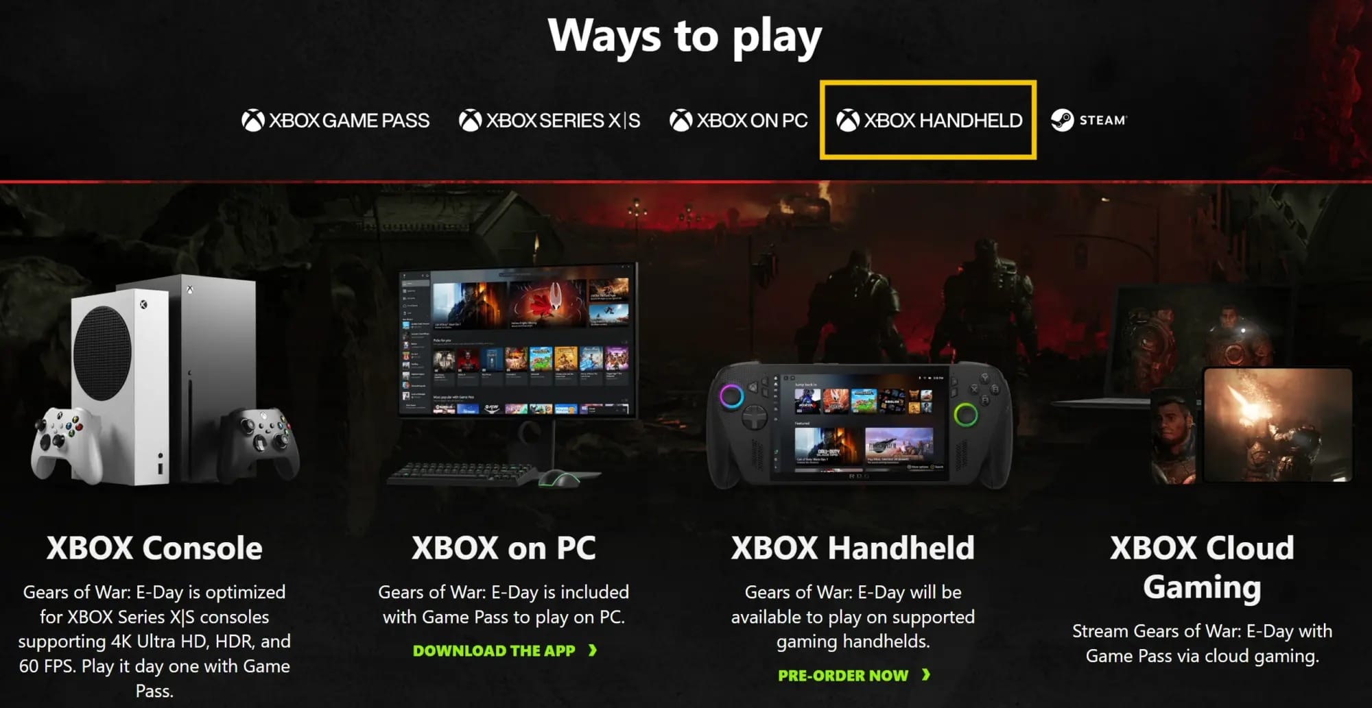 Xbox Handheld logo highlighted in 'Ways to play' section on Microsoft game page.
